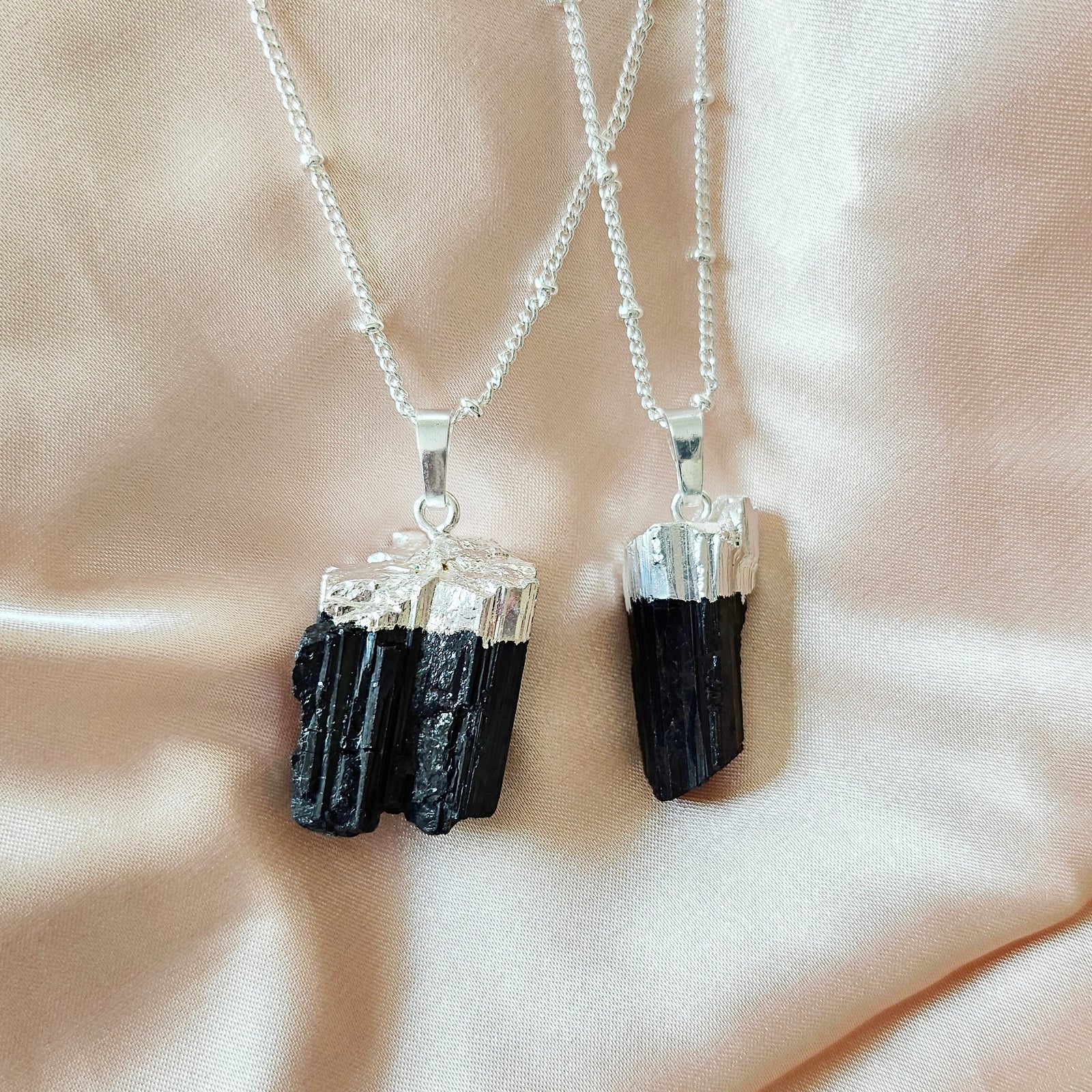 Raw Black Tourmaline | 925 - Sterling Silver Beaded Satellite Gemstone Necklace