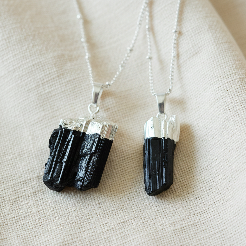Raw Black Tourmaline | 925 - Sterling Silver Beaded Satellite Gemstone Necklace