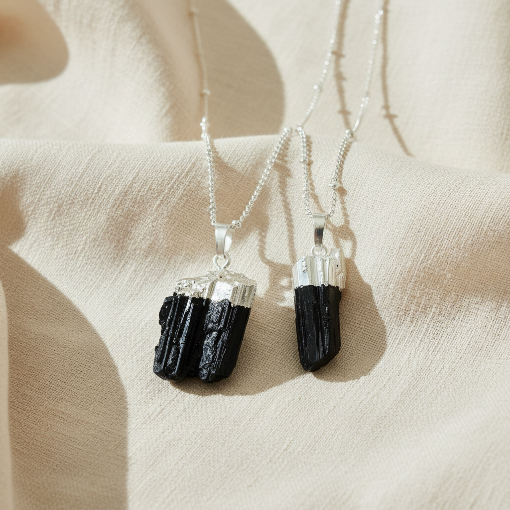 Raw Black Tourmaline | 925 - Sterling Silver Beaded Satellite Gemstone Necklace