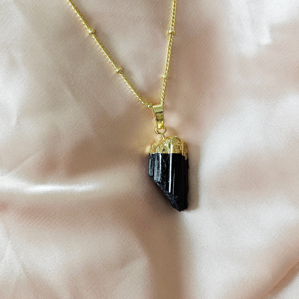 Raw Black Tourmaline | 14K Gold Beaded Satellite Gemstone Necklace