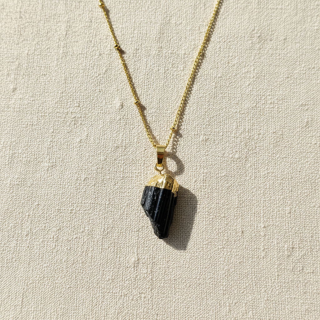 Raw Black Tourmaline | 14K Gold Beaded Satellite Gemstone Necklace