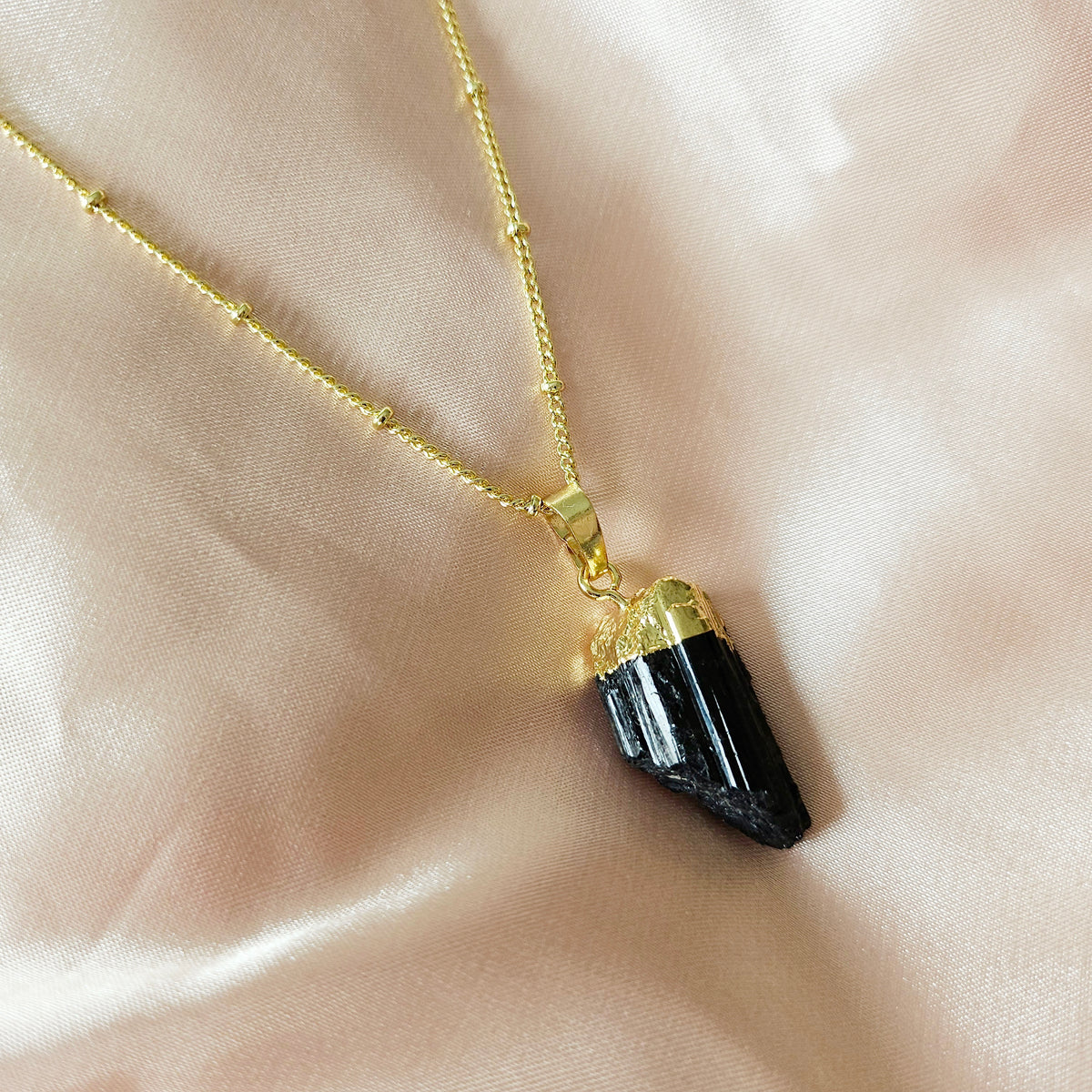 Raw Black Tourmaline | 14K Gold Beaded Satellite Gemstone Necklace