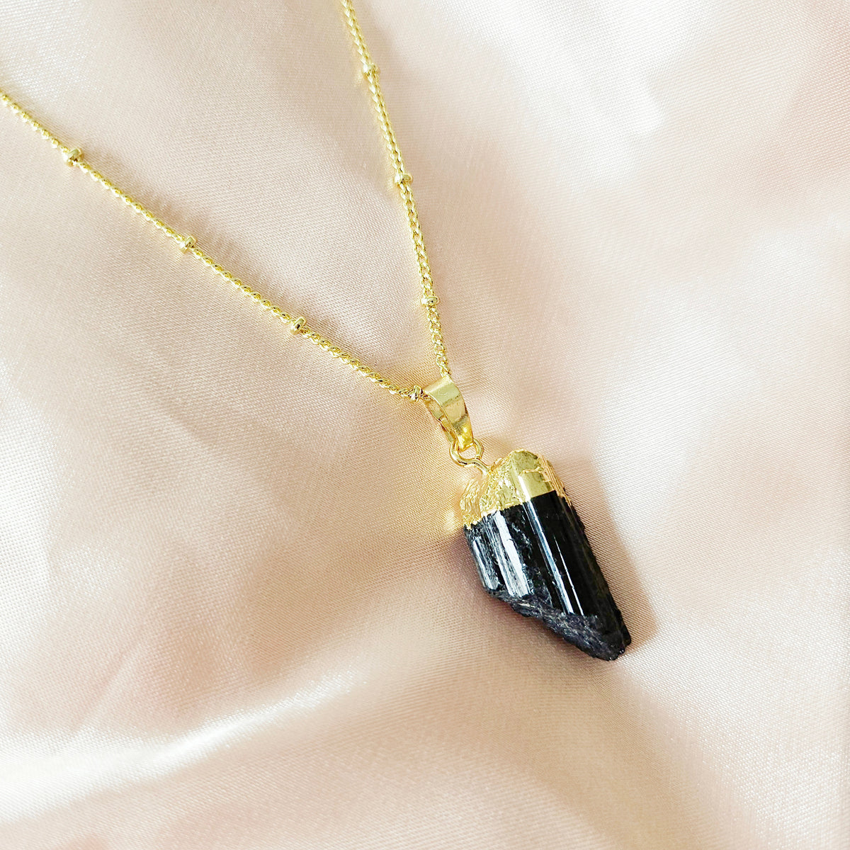Raw Black Tourmaline | 14K Gold Beaded Satellite Gemstone Necklace