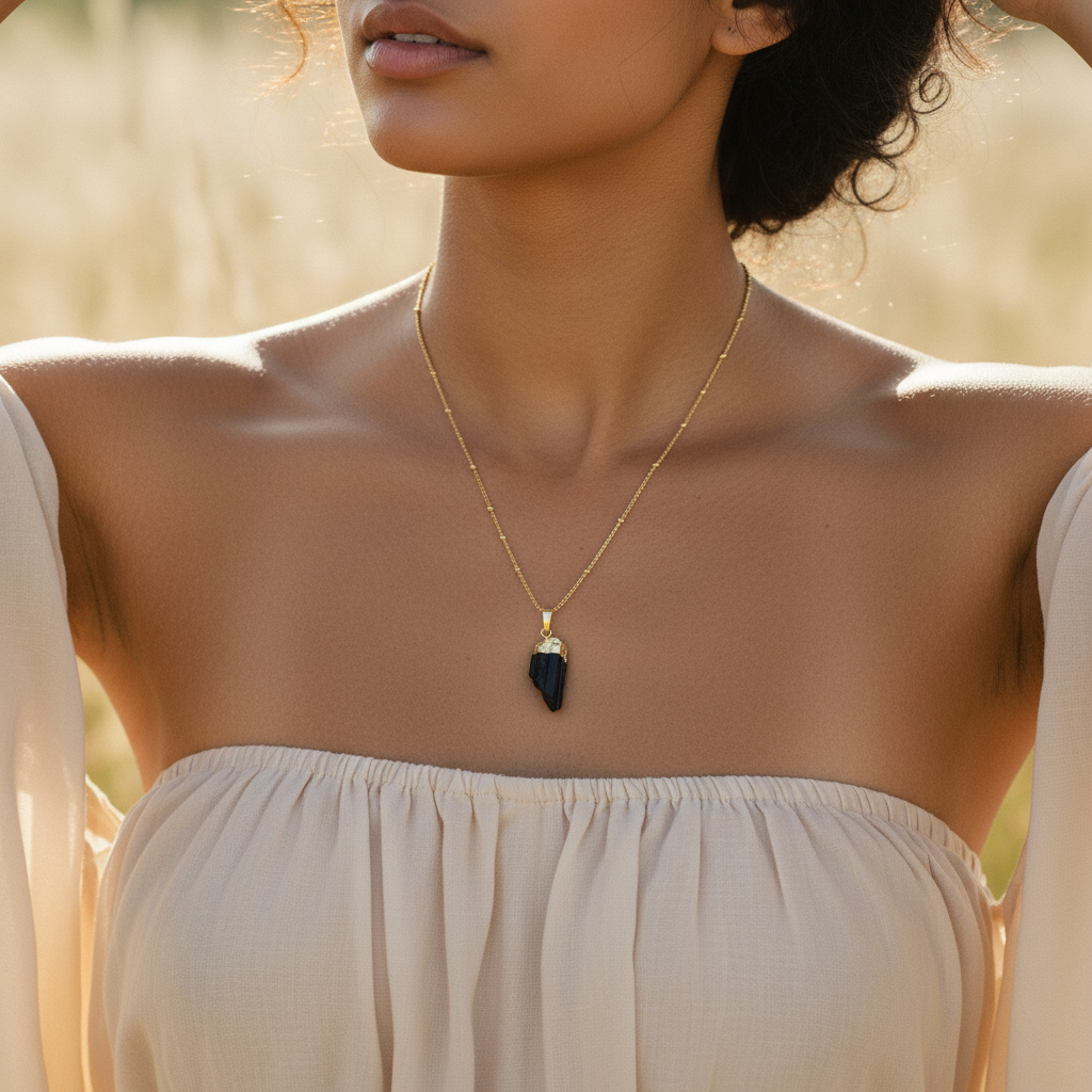 Raw Black Tourmaline | 14K Gold Beaded Satellite Gemstone Necklace