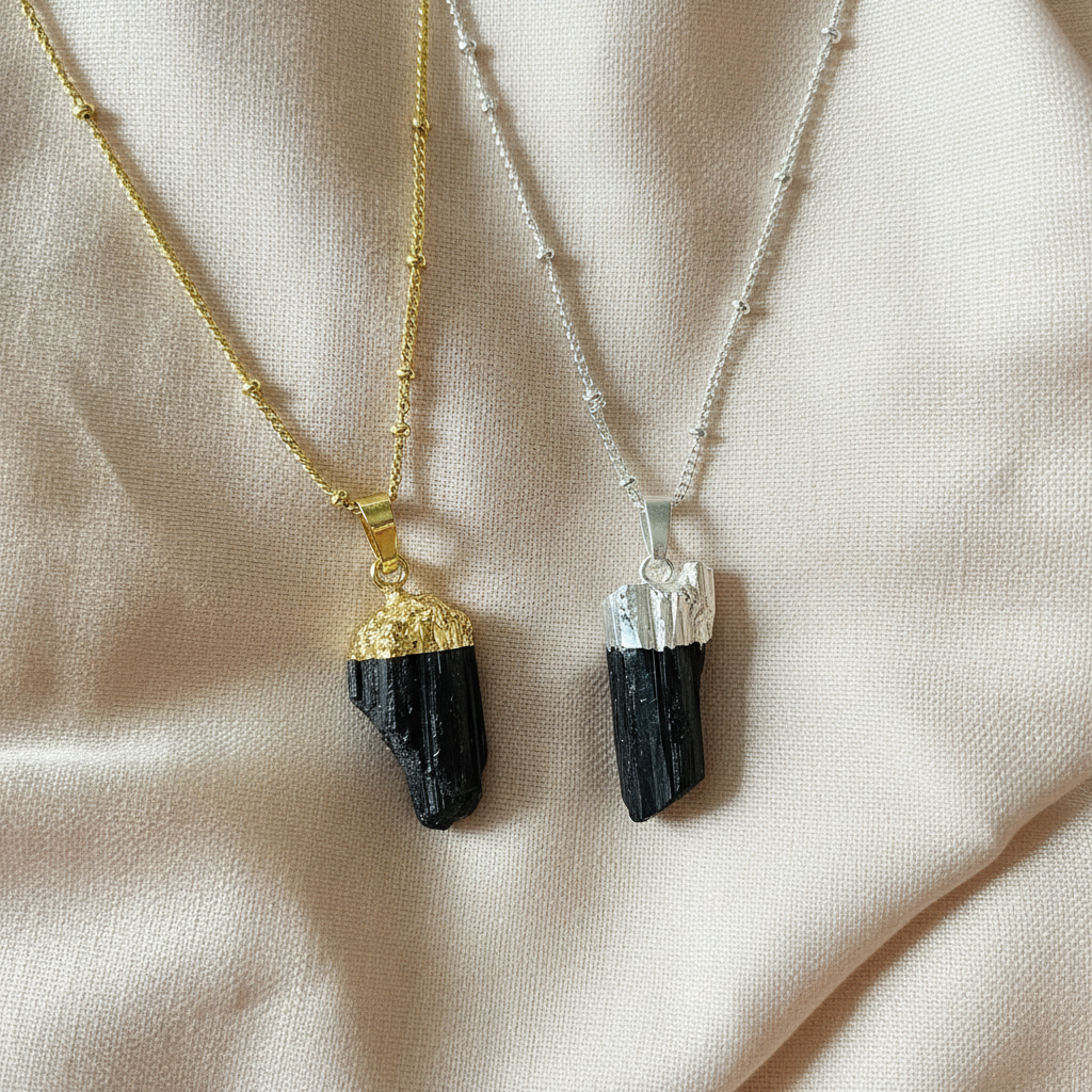Raw Black Tourmaline | 14K Gold Beaded Satellite Gemstone Necklace