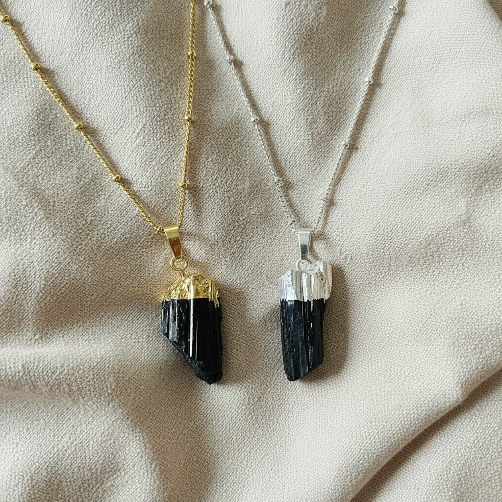 Raw Black Tourmaline | 925 - Sterling Silver Beaded Satellite Gemstone Necklace