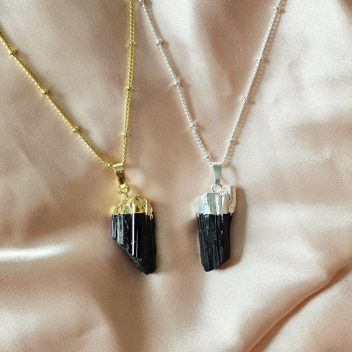 Raw Black Tourmaline | 925 - Sterling Silver Beaded Satellite Gemstone Necklace