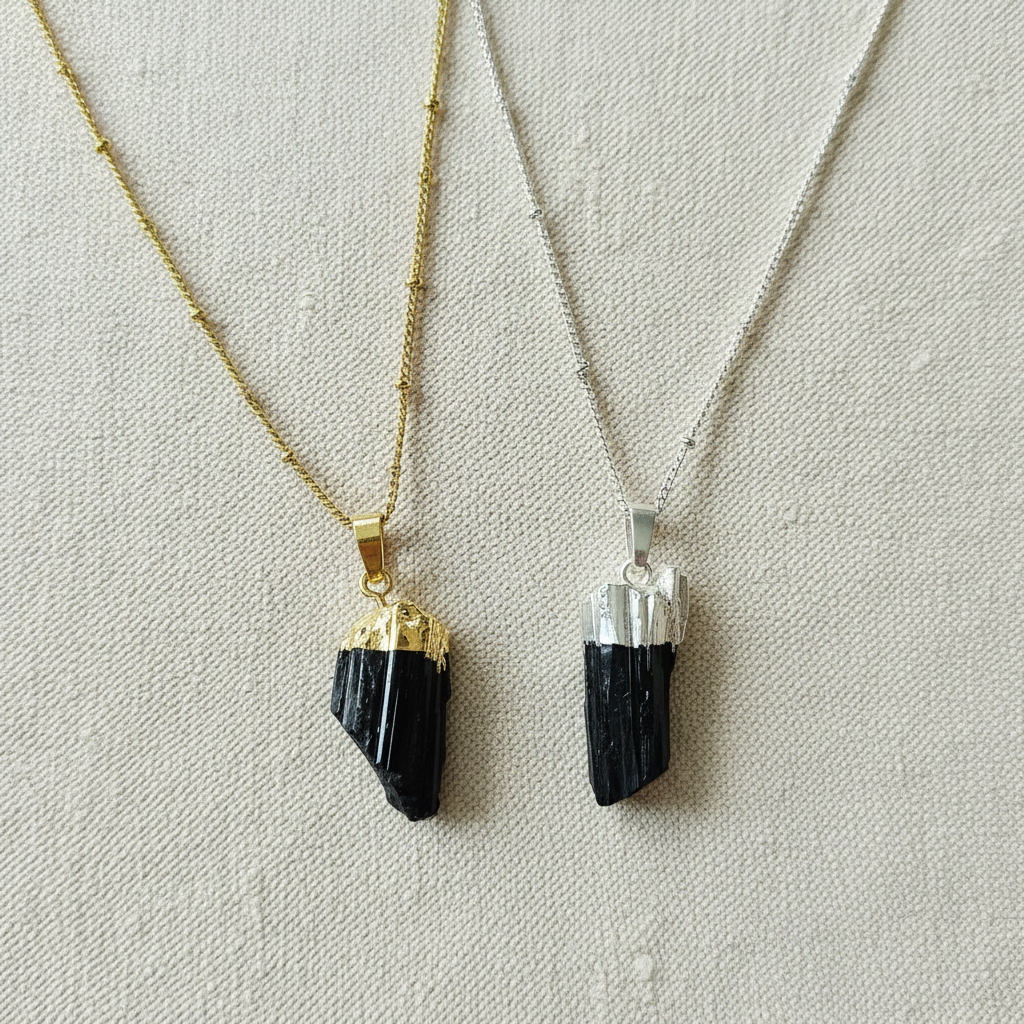 Raw Black Tourmaline | 925 - Sterling Silver Beaded Satellite Gemstone Necklace