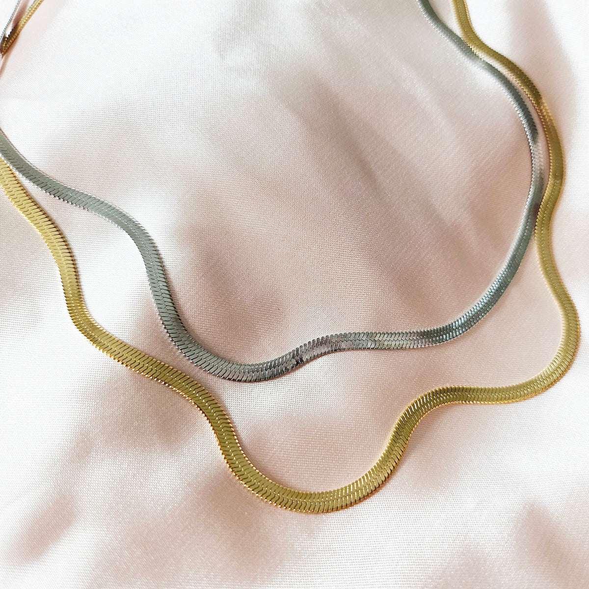 925 - Sterling Silver Herringbone | 14K Gold Flat Snake Chain Necklace