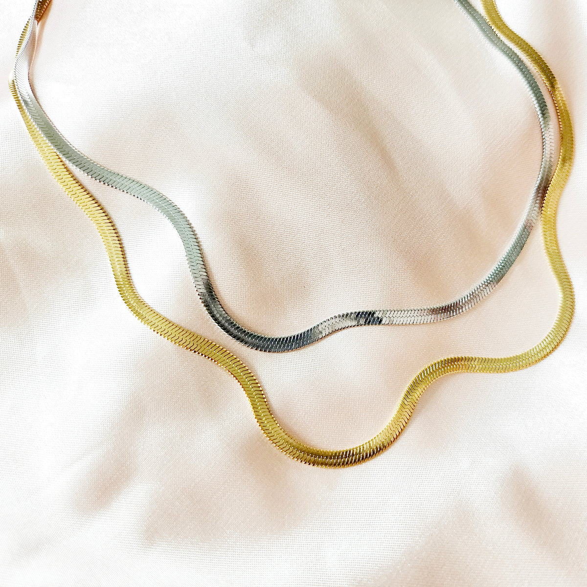 925 - Sterling Silver Herringbone | 14K Gold Flat Snake Chain Necklace