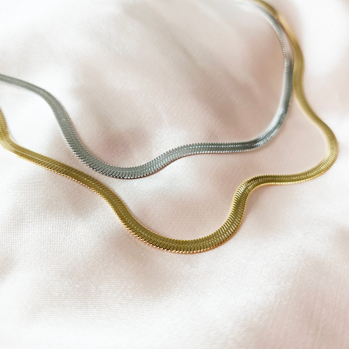 925 - Sterling Silver Herringbone | 14K Gold Flat Snake Chain Necklace