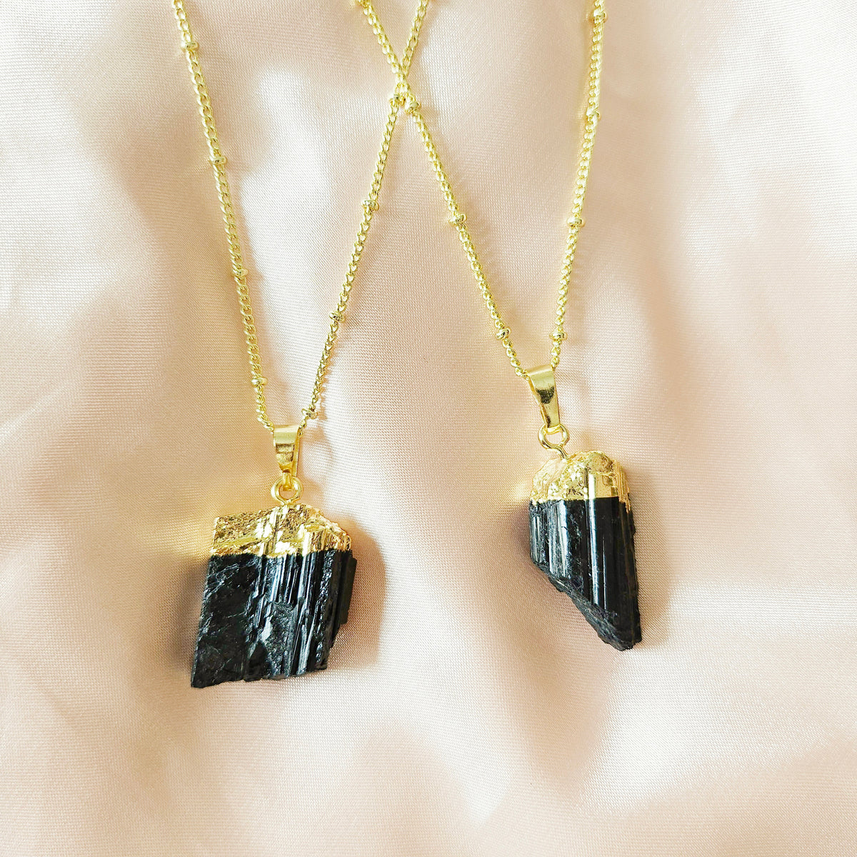 Raw Black Tourmaline | 14K Gold Beaded Satellite Gemstone Necklace