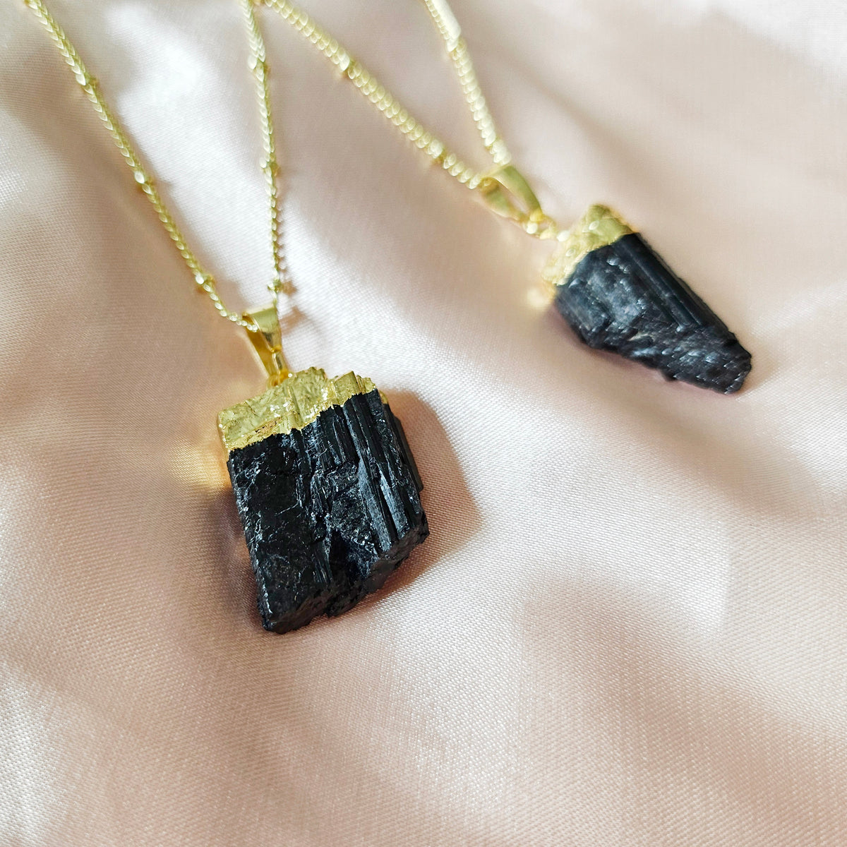 Raw Black Tourmaline | 14K Gold Beaded Satellite Gemstone Necklace