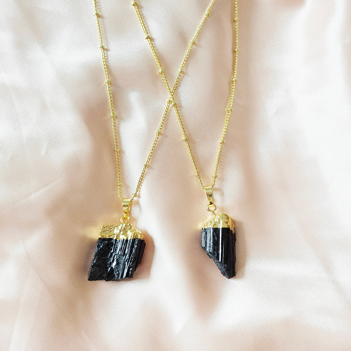Raw Black Tourmaline | 14K Gold Beaded Satellite Gemstone Necklace