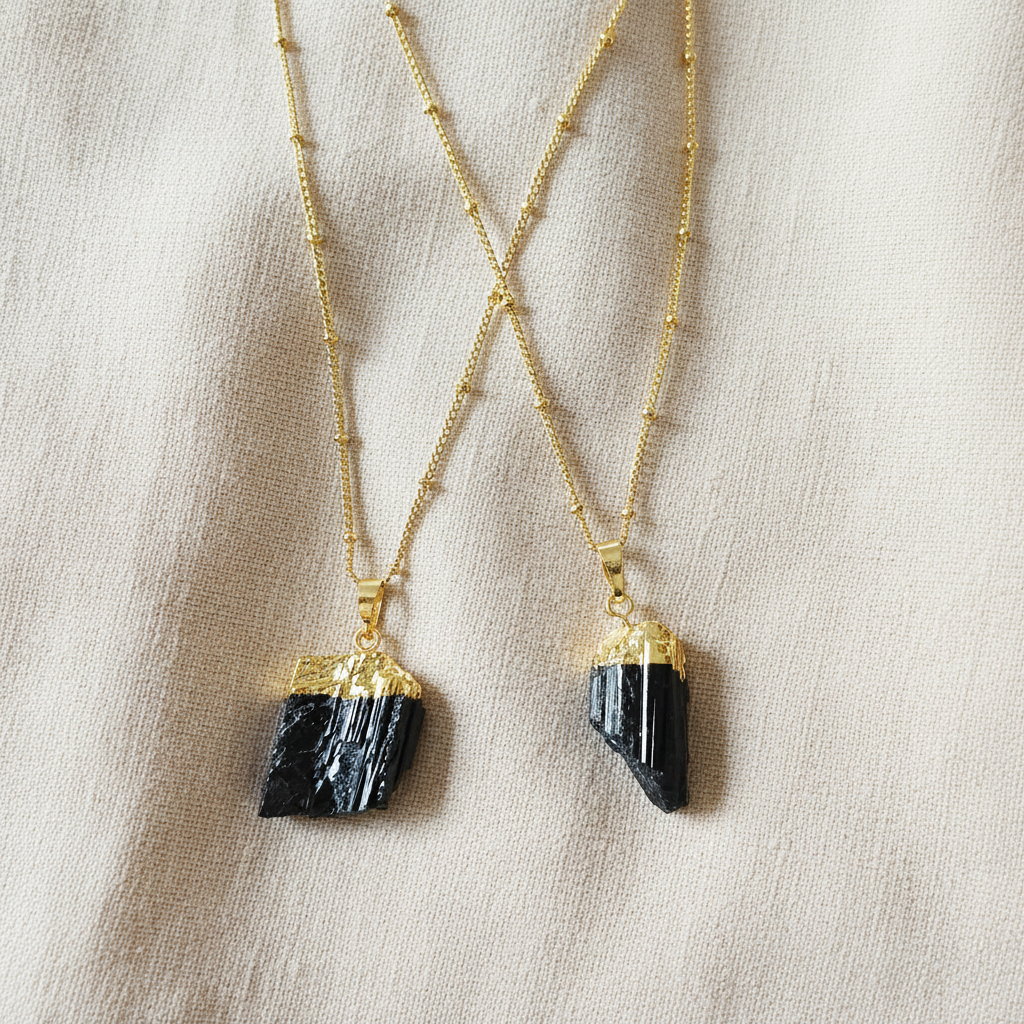 Raw Black Tourmaline | 14K Gold Beaded Satellite Gemstone Necklace