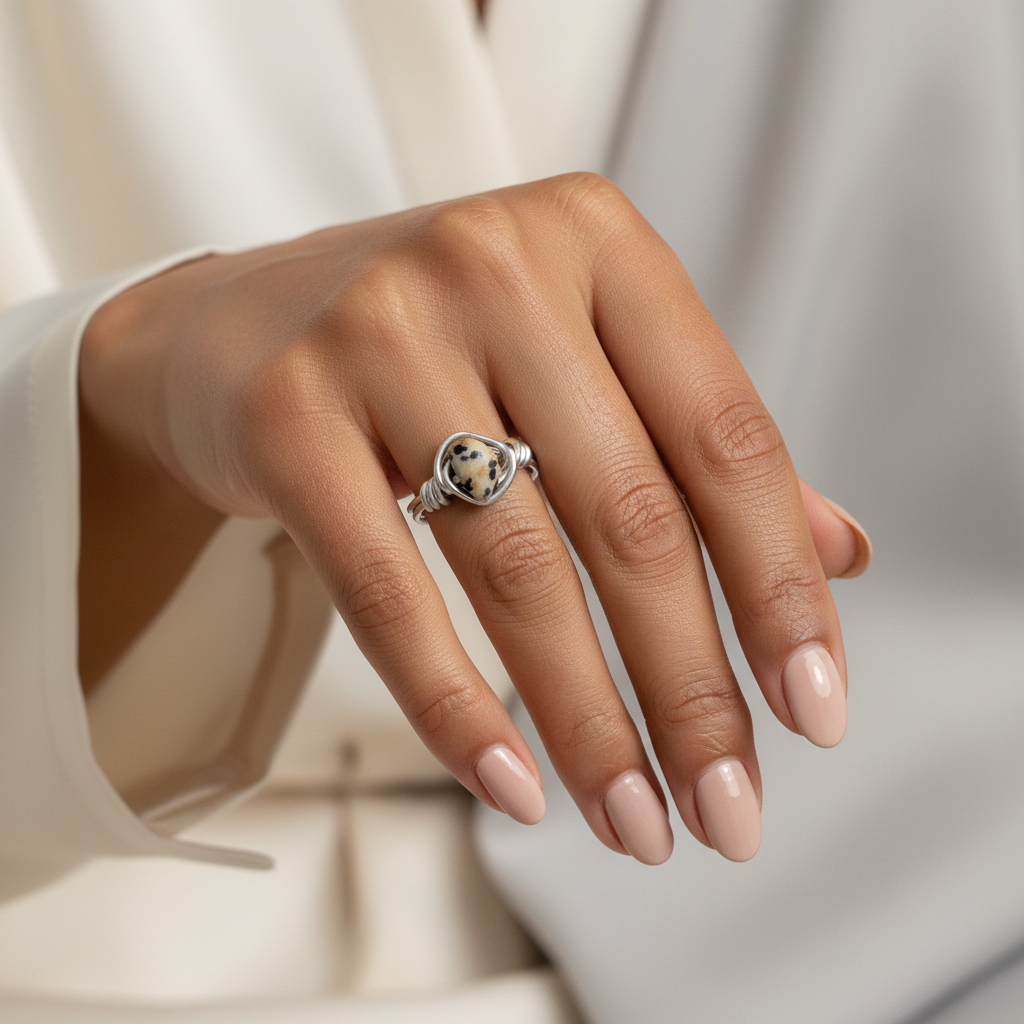 Hand wearing a silver ring with a gemstone on a neutral background