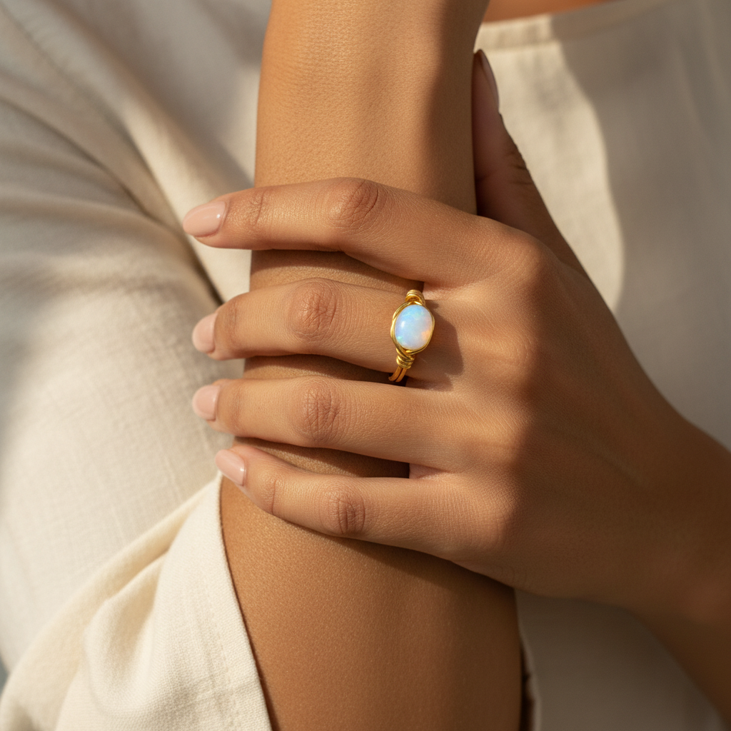 Opalite | Minimalist 18K Gold Handmade  Gemstone Wire-Wrapped Ring