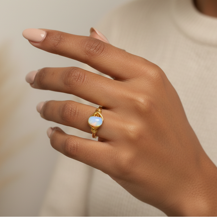 Opalite | Minimalist 18K Gold Handmade  Gemstone Wire-Wrapped Ring