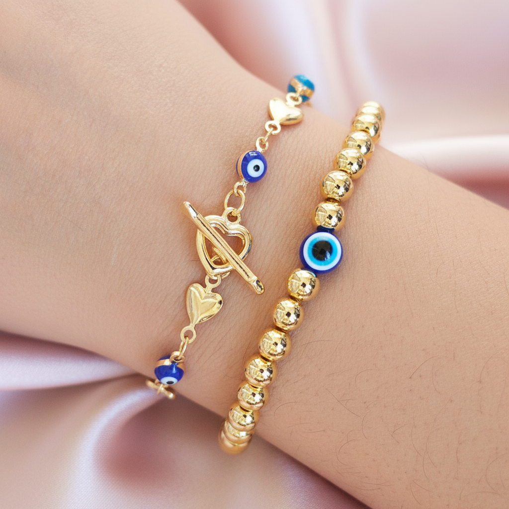 Golden Athena | 14K Gold Evil Eye Bracelet Set