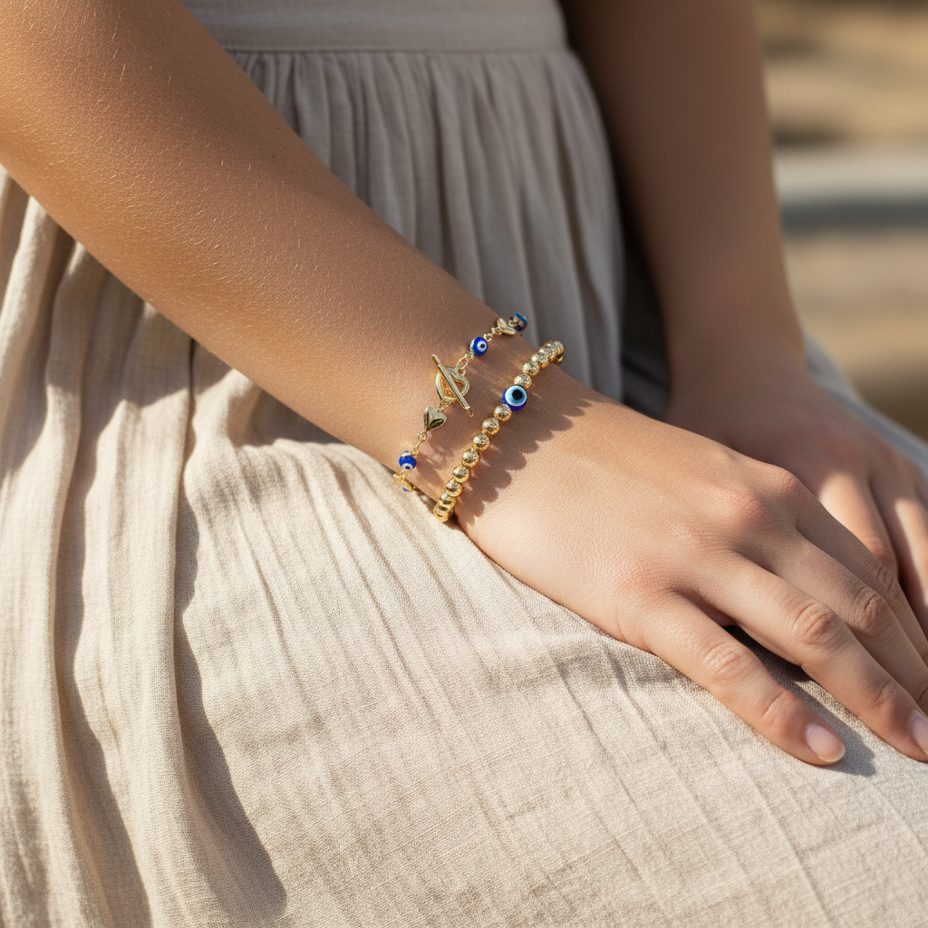 Golden Athena | 14K Gold Evil Eye Bracelet Set