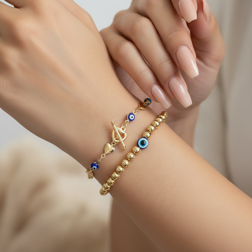 Golden Athena | 14K Gold Evil Eye Bracelet Set