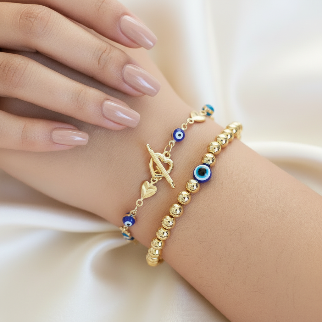 Golden Athena | 14K Gold Evil Eye Bracelet Set