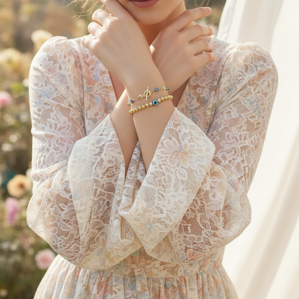 Golden Athena | 14K Gold Evil Eye Bracelet Set