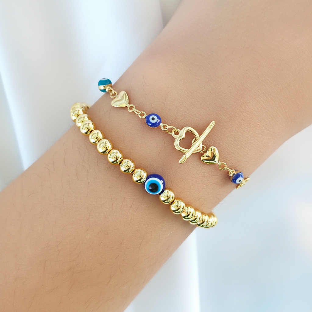 Golden Athena | 14K Gold Evil Eye Bracelet Set