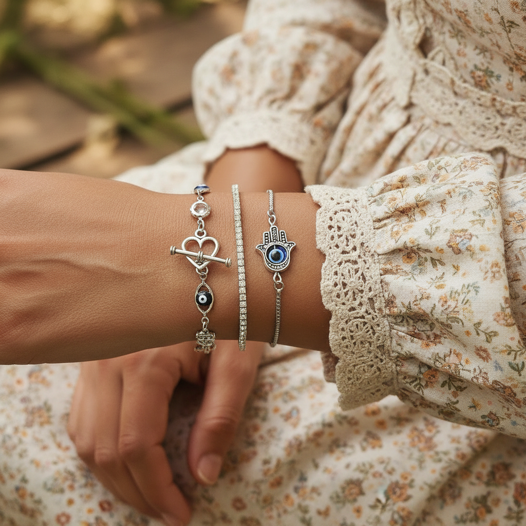 Silver Aine | 925 - Sterling Silver Evil Eye Bracelet Set