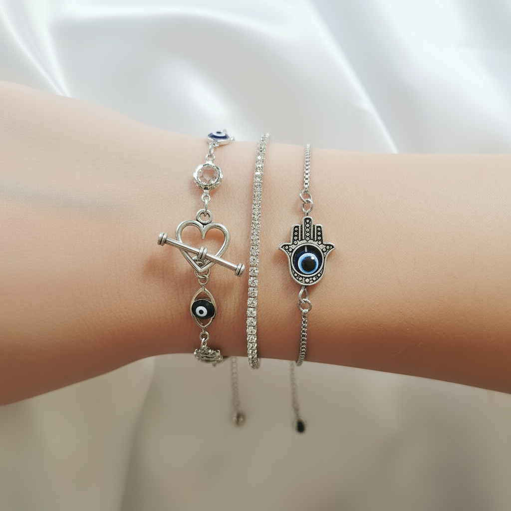 Silver Aine | 925 - Sterling Silver Evil Eye Bracelet Set