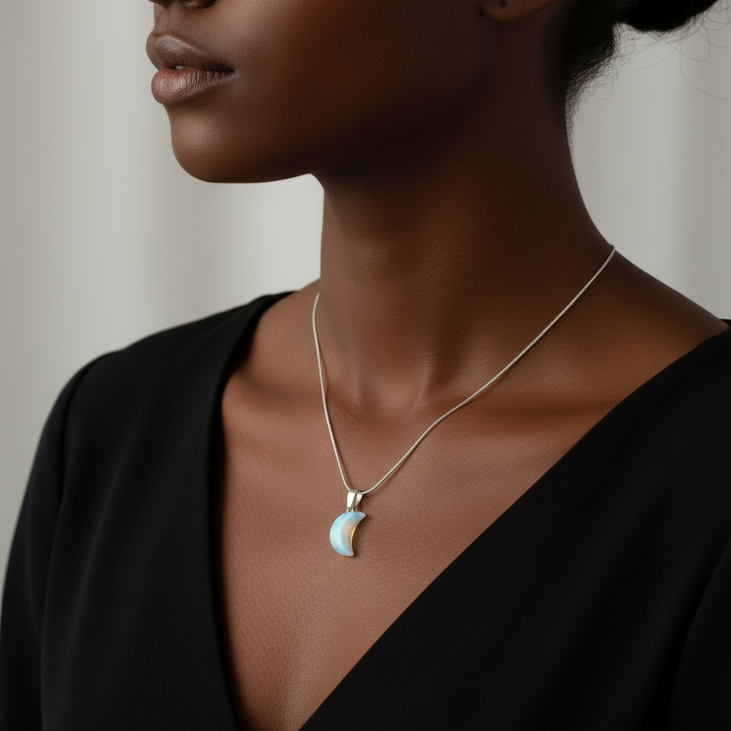CRESCENT | Opalite Crystal Healing 925 Sterling Silver Necklace