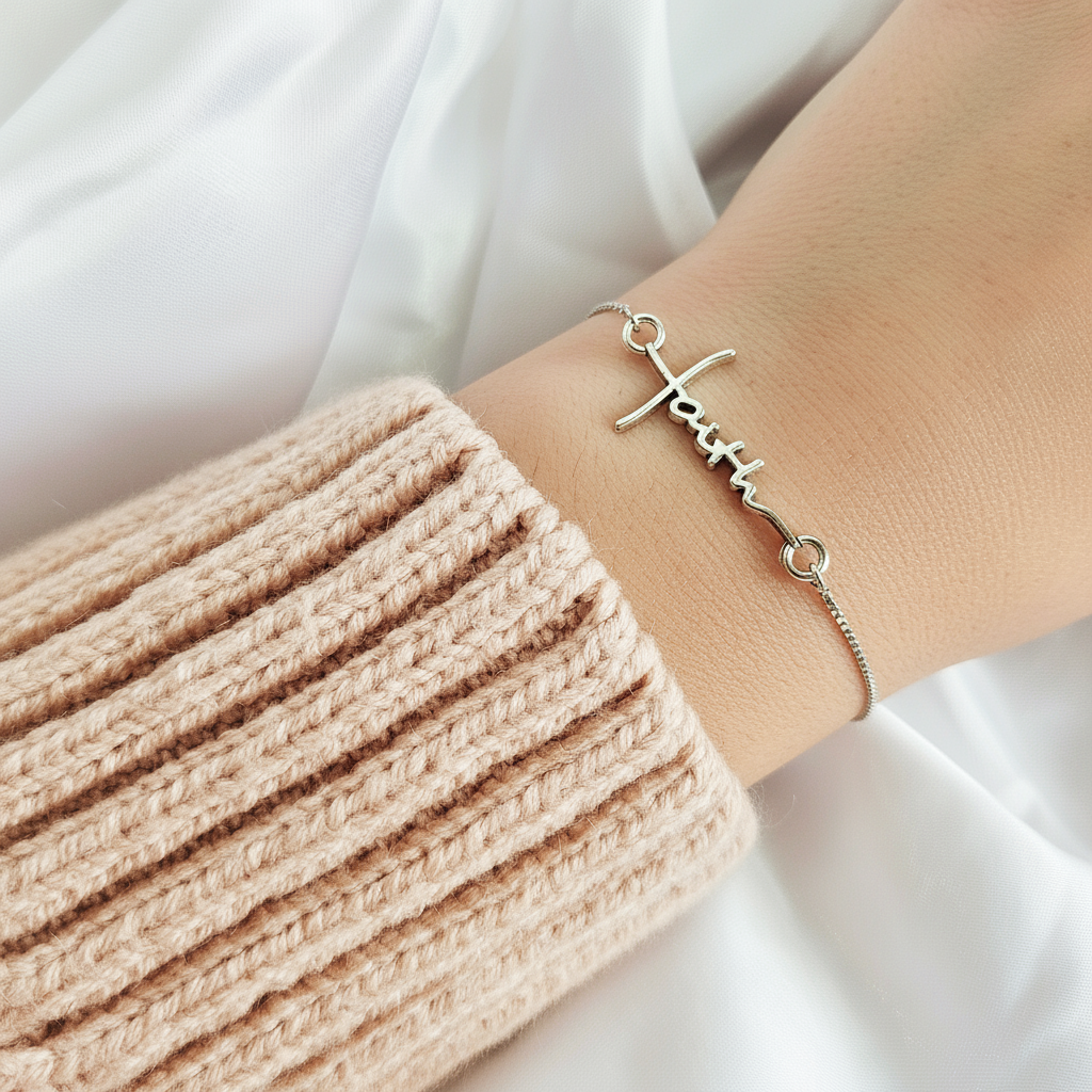 Silver bracelet with &#39;love&#39; charm on wrist wearing beige knit sleeve