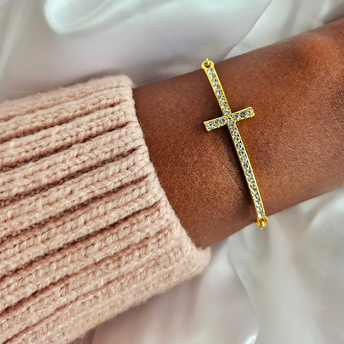 RADIANT FAITH | 14k Gold-Filled Rhinestone Cross Bracelet | Dainty Christian Jewelry for Women | Symbol of Light &amp; Grace