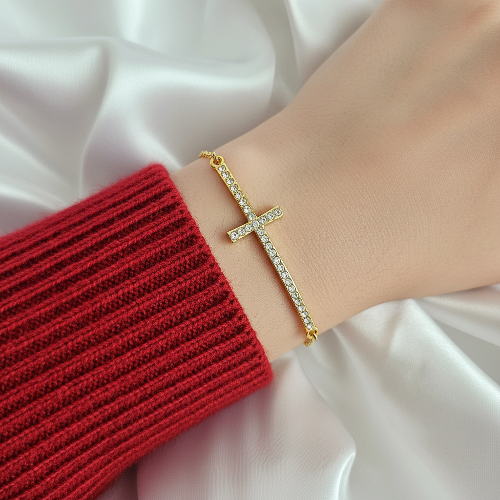 RADIANT FAITH | 14k Gold-Filled Rhinestone Cross Bracelet | Dainty Christian Jewelry for Women | Symbol of Light &amp; Grace