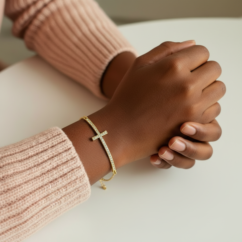 RADIANT FAITH | 14k Gold-Filled Rhinestone Cross Bracelet | Dainty Christian Jewelry for Women | Symbol of Light &amp; Grace