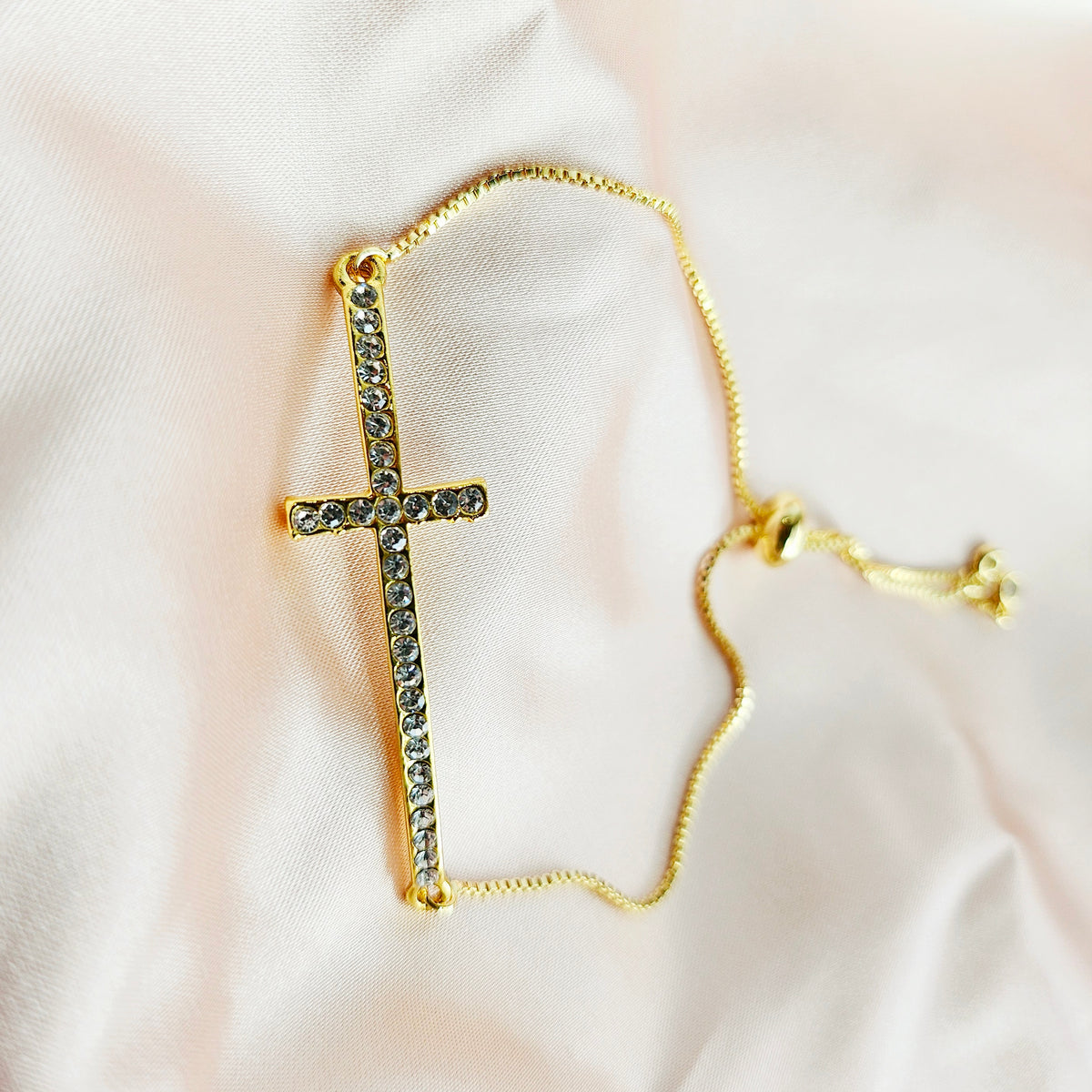 RADIANT FAITH | 14k Gold-Filled Rhinestone Cross Bracelet | Dainty Christian Jewelry for Women | Symbol of Light &amp; Grace