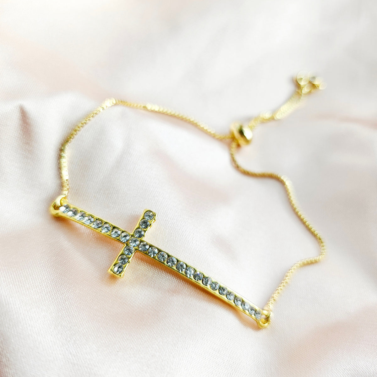 RADIANT FAITH | 14k Gold-Filled Rhinestone Cross Bracelet | Dainty Christian Jewelry for Women | Symbol of Light &amp; Grace