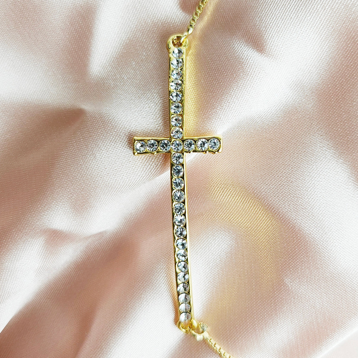 RADIANT FAITH | 14k Gold-Filled Rhinestone Cross Bracelet | Dainty Christian Jewelry for Women | Symbol of Light &amp; Grace