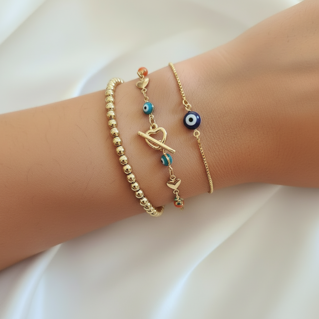 Golden Isis | 14K Gold Evil Eye Bracelet Set