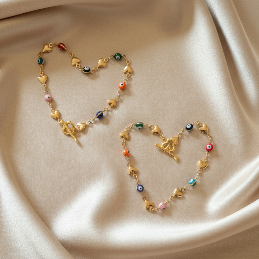 Evil Eye | 14k Gold Heart Rainbow Toggle Bracelet