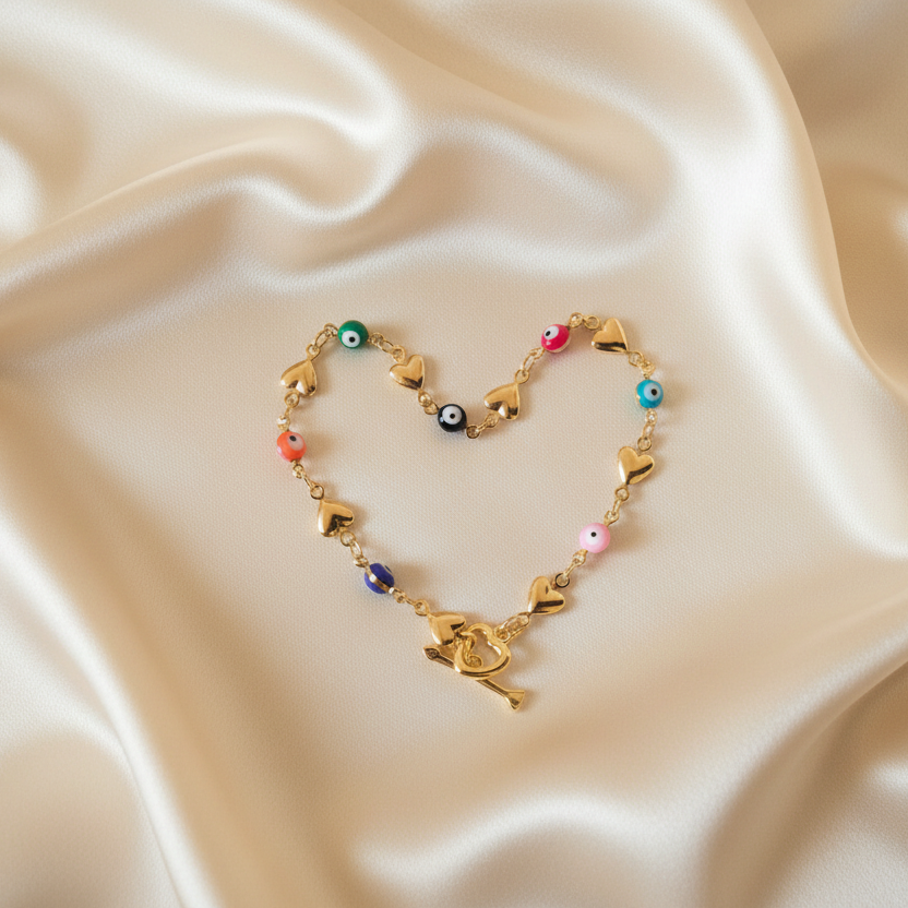 Evil Eye | 14k Gold Heart Rainbow Toggle Bracelet