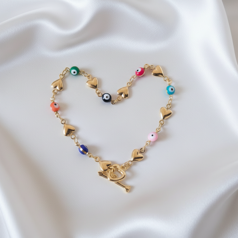 Evil Eye | 14k Gold Heart Rainbow Toggle Bracelet
