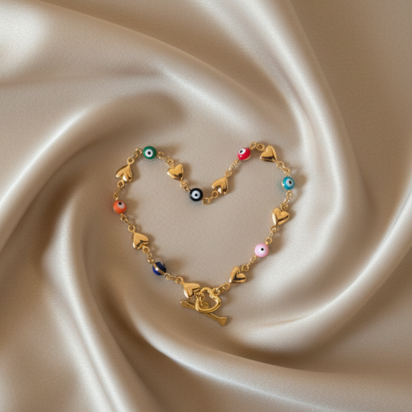Evil Eye | 14k Gold Heart Rainbow Toggle Bracelet