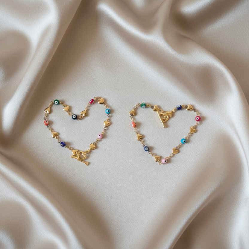 Evil Eye | 14k Gold Heart Rainbow Toggle Bracelet