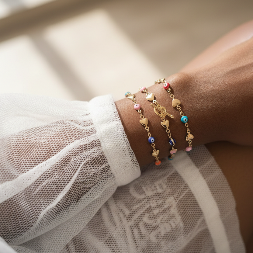 Evil Eye | 14k Gold Heart Rainbow Toggle Bracelet