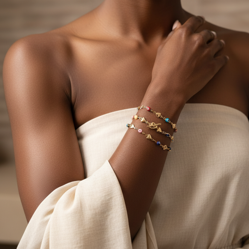 Evil Eye | 14k Gold Heart Rainbow Toggle Bracelet