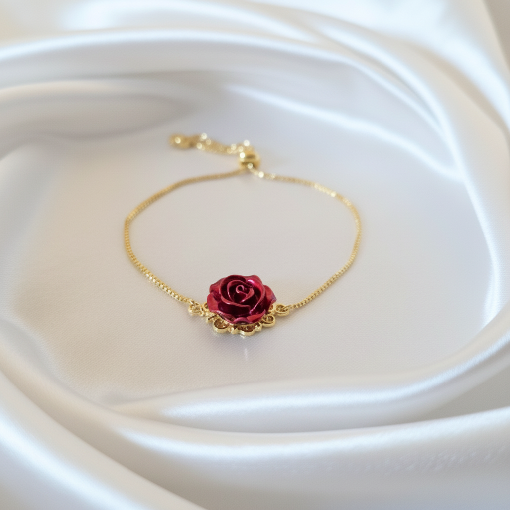 DIVINE BLOOM 14K Gold Red Rose Whimsical Charm Bracelet