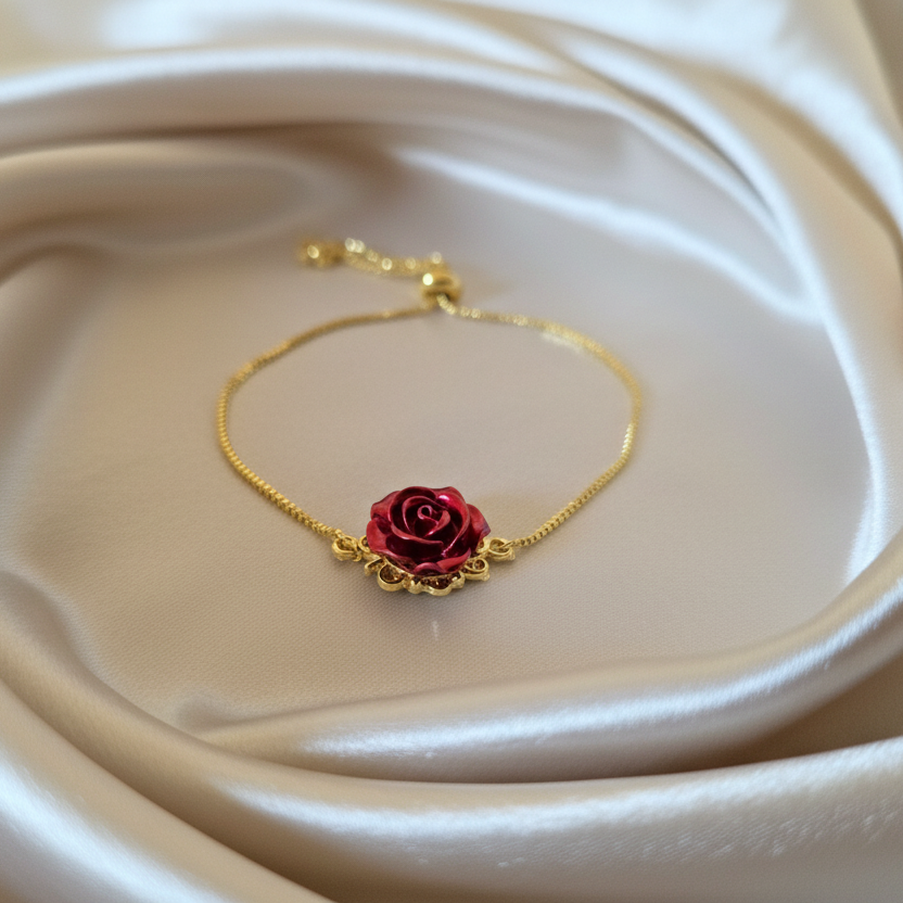 DIVINE BLOOM 14K Gold Red Rose Whimsical Charm Bracelet