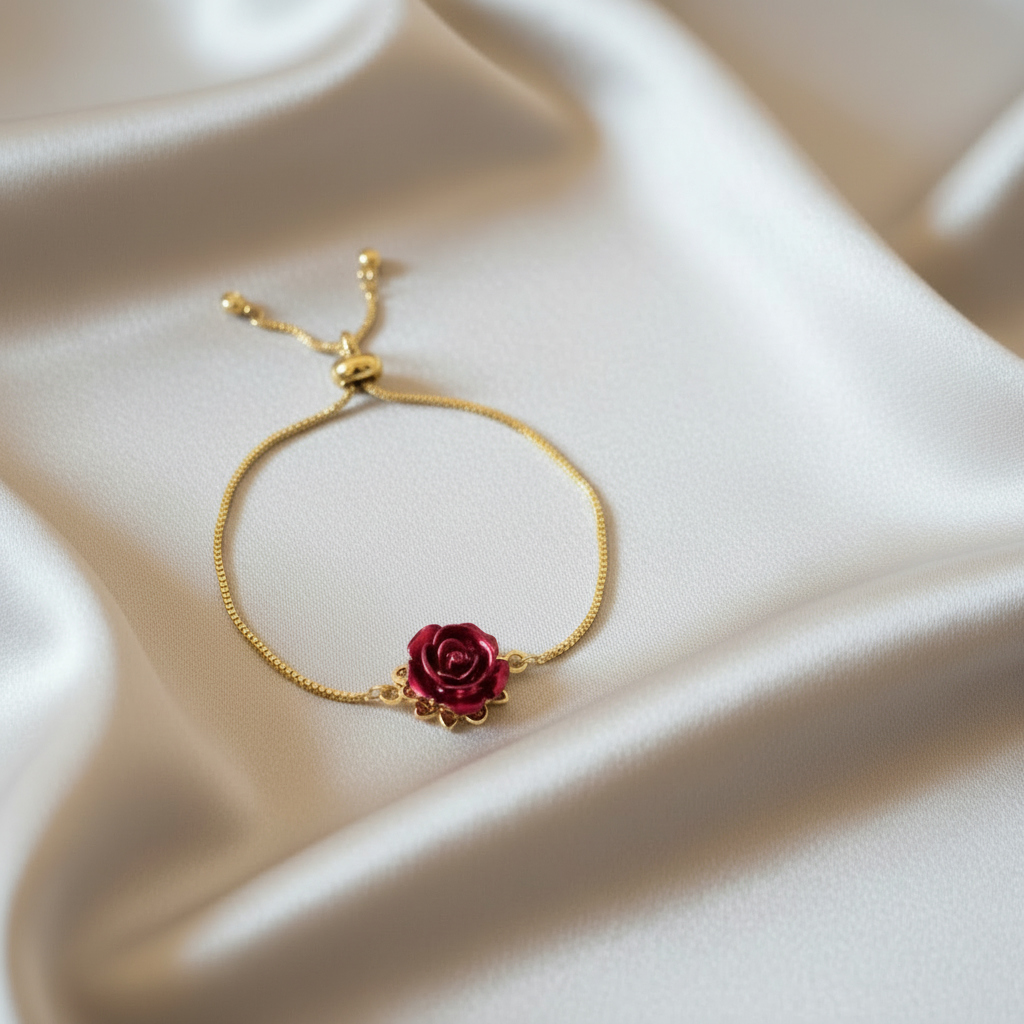 DIVINE BLOOM 14K Gold Red Rose Whimsical Charm Bracelet