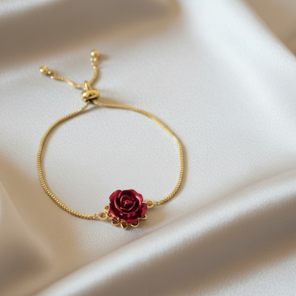 DIVINE BLOOM 14K Gold Red Rose Whimsical Charm Bracelet